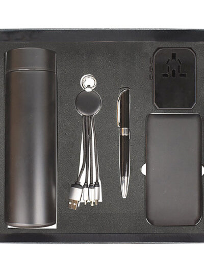 Promotional Gift Set – Metal Twist Pen, Wireless Power Bank, Light-Up Logo Cable & Travel Adapter - Image 1