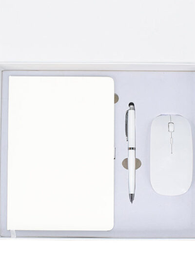 Promotional Gift Set – White A5 Notebook, Metal Stylus Pen & Ultra Slim Wireless Mouse