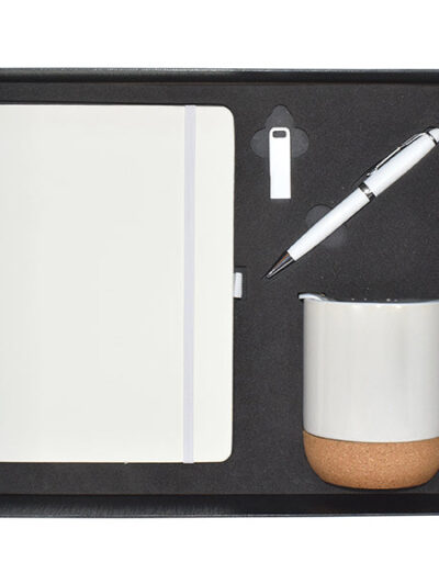 Promotional Gift Set – White A5 Notebook, Metal Twist Pen, Metal USB Flash Drive & Ceramic Mug - Image 1