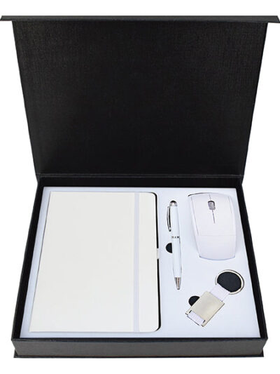 Promotional Gift Set – White PU Notebook, Foldable Mouse, Stylus Pen & Keychain