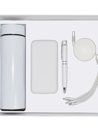 Promotional Gift Set – Wireless Power Bank, Metal Twist Pen, LED Temperature Bottle & 3-in-1 Retractable Cable - Image 1