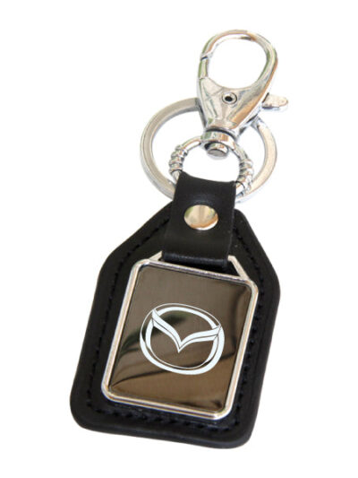 Rectangular Leather Metal Keychain – Silver Plate & Split Ring - Image 1