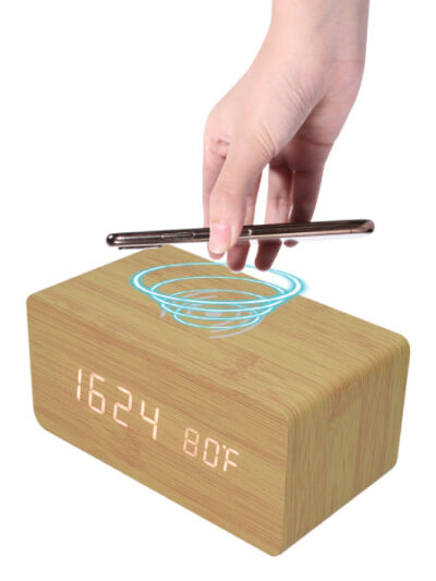 Wooden Digital Alarm Clock with Wireless Charger - Image 3
