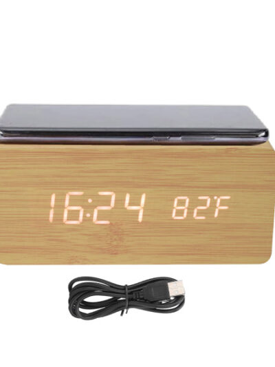 Wooden Digital Alarm Clock with Wireless Charger - Image 4