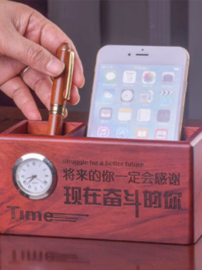 Wooden Pen Stand with Card Holder & Clock