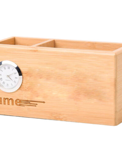 Wooden Pen Stand with Card Holder & Clock - Image 2